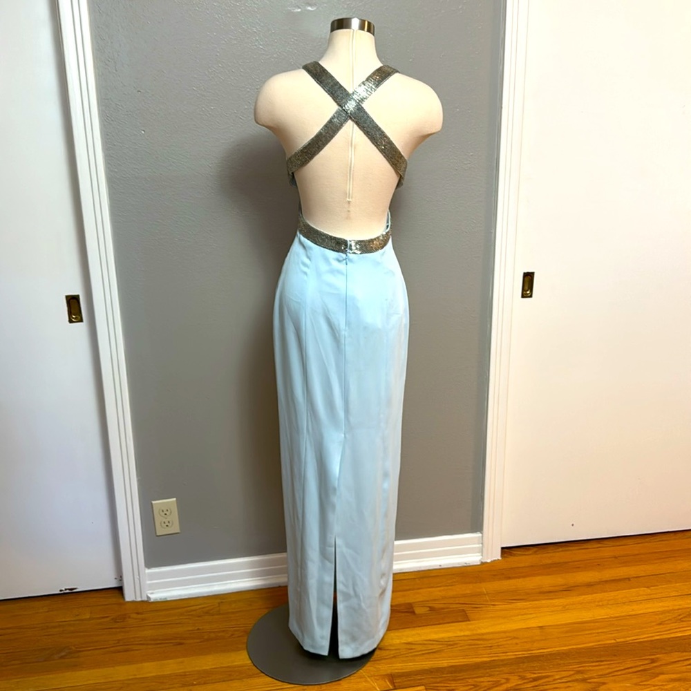 Baby blue formal full length party dress w silver beading by Peak Evenings NWT